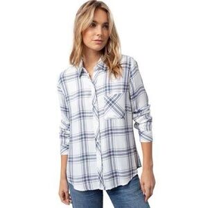 Rails Women’s Lightweight Button-Up Flannel Shirt, Hunter White Navy Sz L